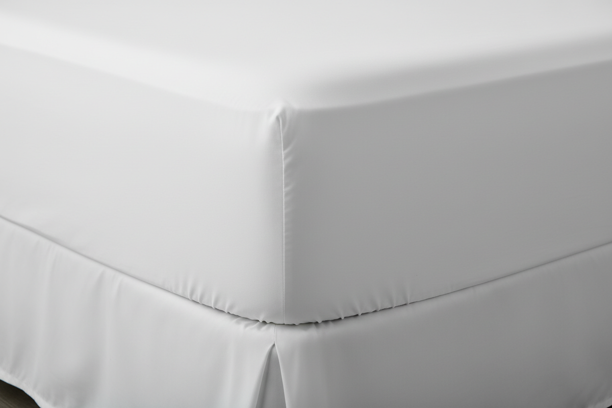 creame una imagen de una sabana bajera blanca con elastico 360 de 600 hilos 100% algodon en una cama