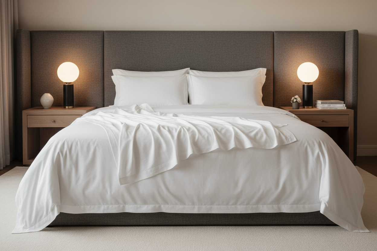 Ultra-luxury bedroom editorial shot, massive king-size bed dressed in premium 600-thread-count cotton sheets, extremely soft matte texture, elegant natural folds, refined organic look, monochromatic neutral palette (white), oversized padded headboard in charcoal linen, warm ambient lighting with golden tones, soft shadows, cinematic glow, minimalist luxury decor, symmetrical composition, artisan nightstands, designer lamp with soft halo, high-end boutique-hotel feel, serene atmosphere, dep